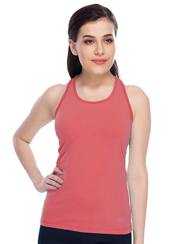 Women Coral Pink Solid Tops & T-Shirts Racer Back Stretch_CP-Lovable India