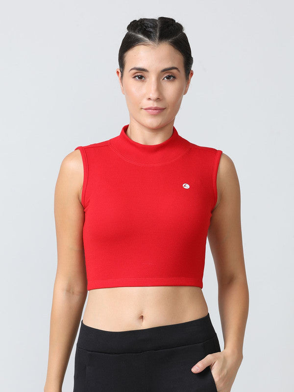 Women Crimson Red Solid High Neck Tank Top | Lovable India