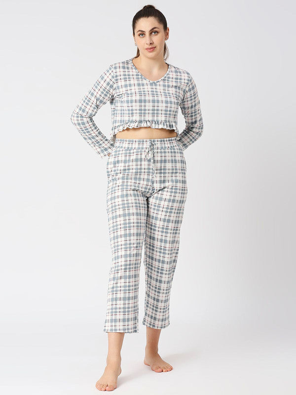 Women Steel Grey Checkered Regular Fit Nightwear Set - MOON DRIFT-006 BB-PR-Lovable India