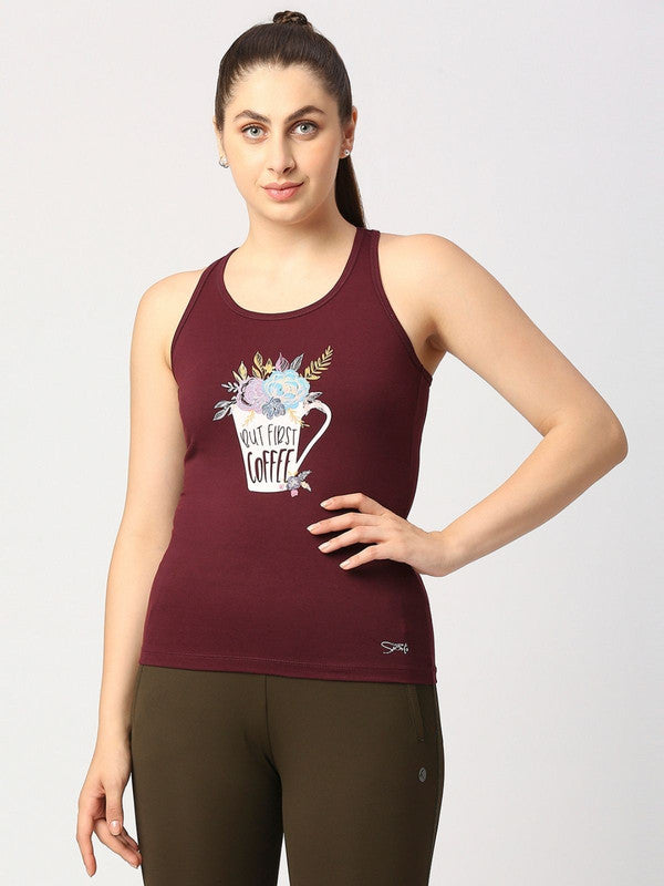 Women Wine Solid Top - Floral Cup Racerback-WN
