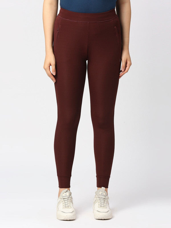 Women Wine Solid Slim Fit Joggers ZIP TRACK DRYKNIT-WN