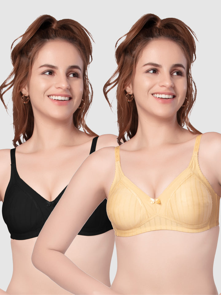 Daisy Dee Black and Skin Non Padded Non-Wired Full Coverage T-Shirt Bra Pack of 2 - NSPRSTR-Black/Skin
