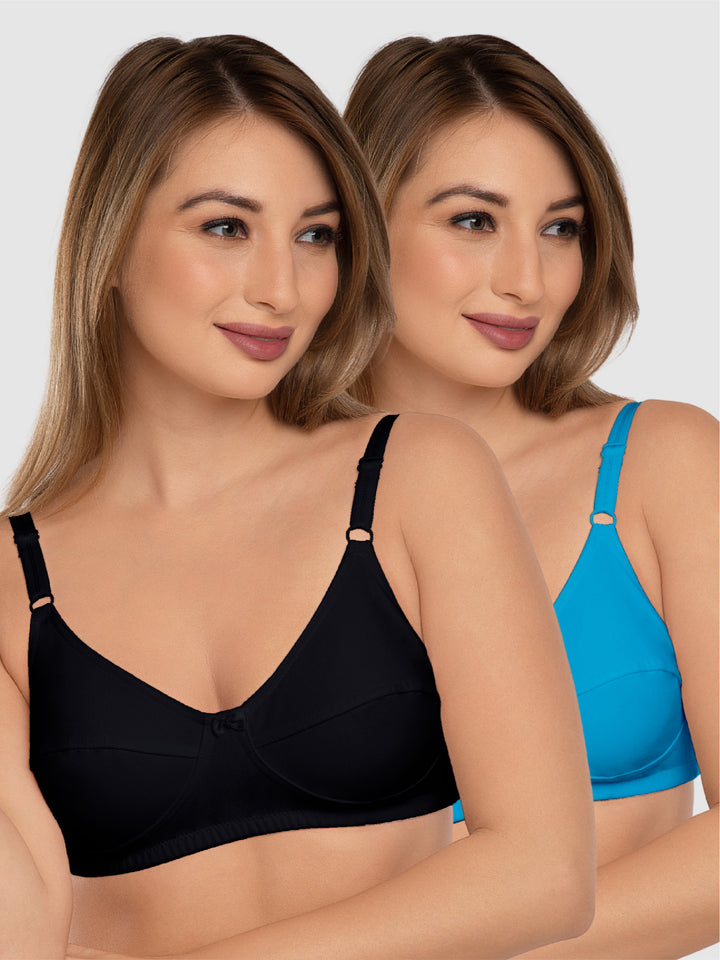 Daisy Dee T.Blue and Black Non Padded Non-Wired Full Coverage Bra Pack of 2 - NSHTL-T.BLUE/BLACK