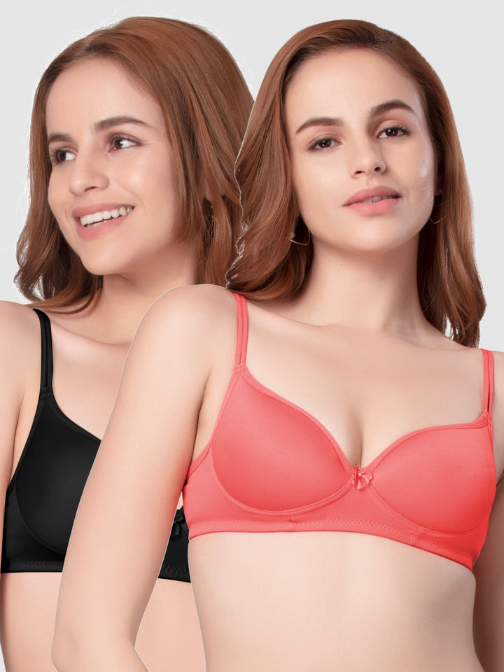Daisy Dee Black and Carrot Padded Non-Wired Full Coverage Bra Pack of 2 - NKWI-Black/Carrot