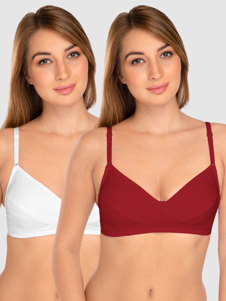 Daisy Dee White and Maroon Non Padded Wirefree Full Coverage T-Shirt Bra Pack of 2 - NCLBR-WHITE/MAROON