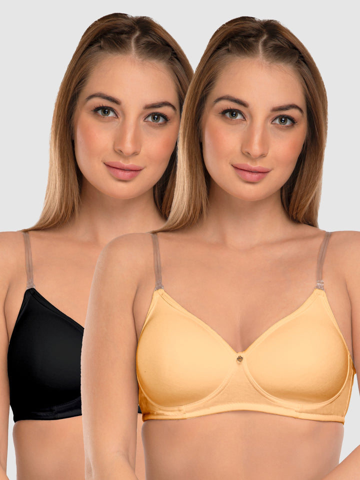 Daisy Dee Black and Skin Non Padded Non-Wired Full Coverage Bra Pack of 2 - NMPL-Black/Skin
