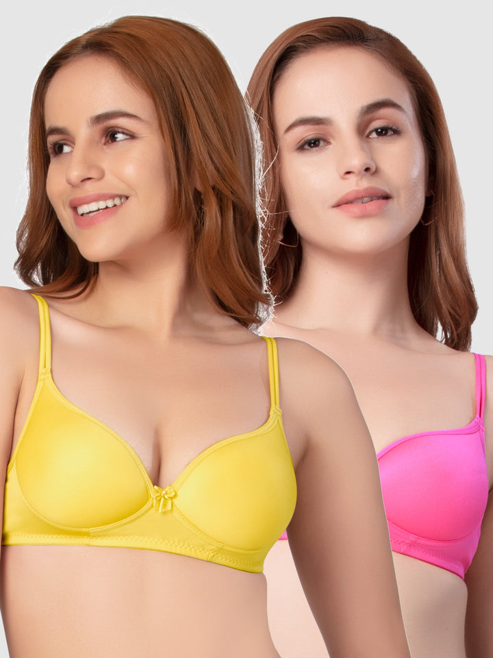 Daisy Dee Dark Pink and Yellow Padded Non-Wired Full Coverage Bra Pack of 2 - NKWI-D.Pink/Yellow