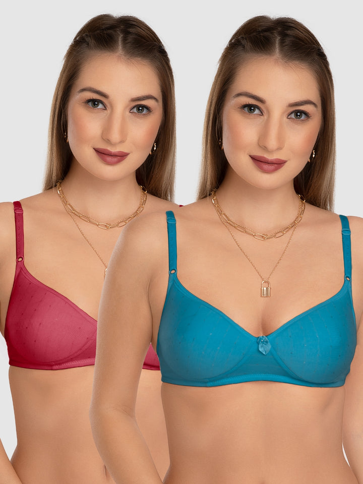 Daisy Dee Teal Blue and Crimson Red Padded Non-Wired Full Coverage T-Shirt Bra Pack of 2 - NCHL-T.BLUE/C.RED