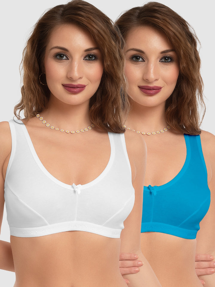 Daisy Dee White and T.Blue Non Padded Wirefree Full Coverage Sports Bra Pack of 2 - NLRA-WHITE/T.BLUE