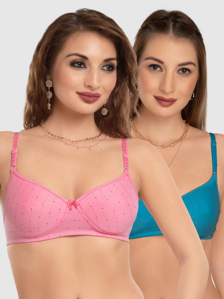 Daisy Dee Teal Blue and Pink Padded Non-Wired Full Coverage T-Shirt Bra Pack of 2 - NCHL-T.BLUE/PINK