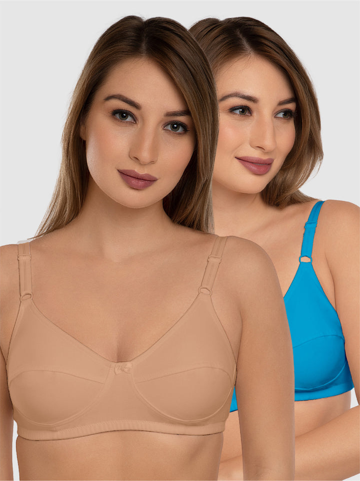 Daisy Dee T.Blue and Skin Non Padded Non-Wired Full Coverage Bra Pack of 2 - NSHTL-T.BLUE/SKIN