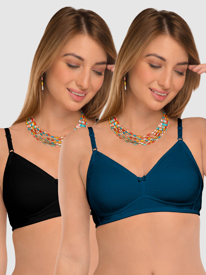 Daisy Dee E.Blue and Black Non Padded Non-Wired Full Coverage T-Shirt Bra Pack of 2 - NDSZN-E.Blue/Black