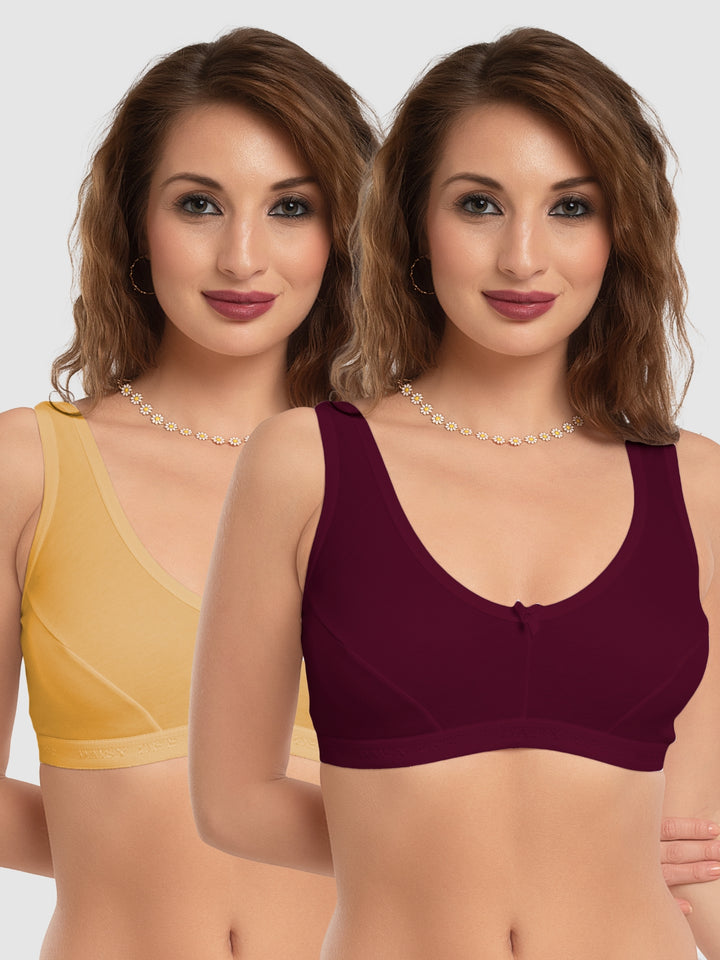 Daisy Dee Maroon and Beige Non Padded Wirefree Full Coverage Sports Bra Pack of 2 - NLRA-MAROON/BEIGE