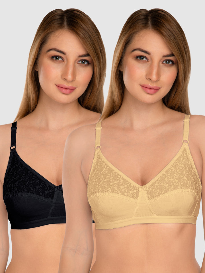 Daisy Dee Black and Skin Non Padded Non-Wired Full Coverage Bra Pack of 2 - NILIGNCE-Black/Skin