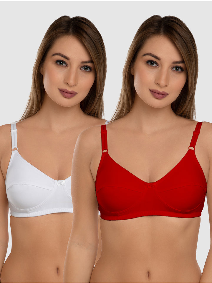 Daisy Dee White and Red Non Padded Non-Wired Full Coverage Bra Pack of 2 - NSHTL-WHITE/RED