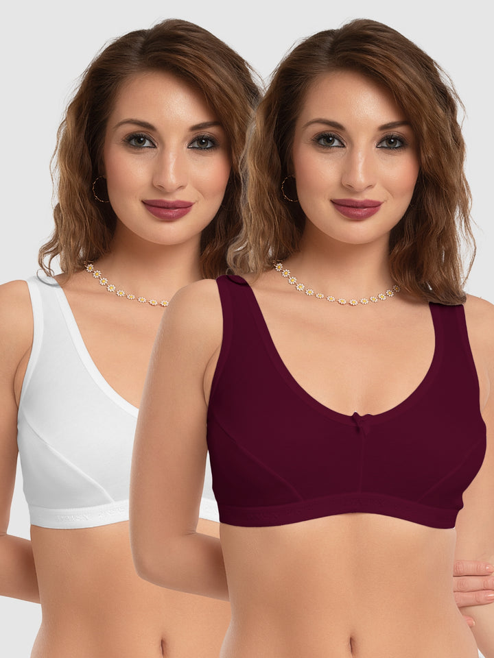 Daisy Dee Maroon and White Non Padded Wirefree Full Coverage Sports Bra Pack of 2 - NLRA-MAROON/WHITE