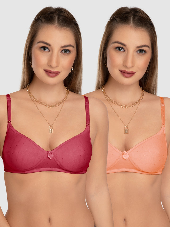 Daisy Dee Crimson Red and Peach Padded Non-Wired Full Coverage T-Shirt Bra Pack of 2 - NCHL-C.RED/PEACH