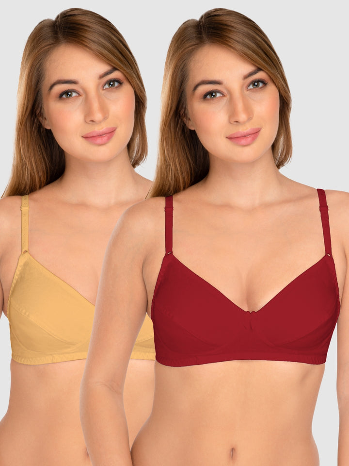 Daisy Dee Skin and Maroon Non Padded Wirefree Full Coverage T-Shirt Bra Pack of 2 - NCLBR-SKIN/MAROON