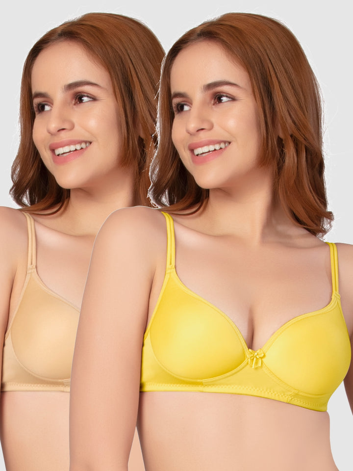 Daisy Dee Skin and Yellow Padded Non-Wired Full Coverage Bra Pack of 2 - NKWI-Skin/Yellow