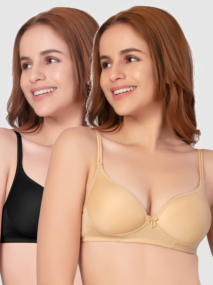 Daisy Dee Black and Skin Padded Non-Wired Full Coverage Bra Pack of 2 - NKWI-Black/Skin