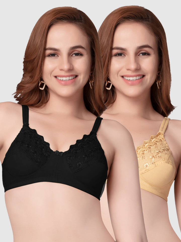 Daisy Dee Black and Skin Non Padded Non-Wired Full Coverage Bra Pack of 2 - NGLREA-Black/Skin