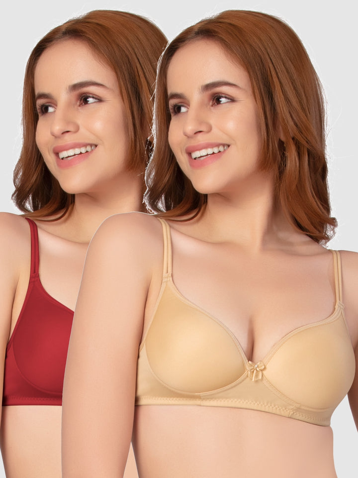 Daisy Dee Maroon and Skin Padded Non-Wired Full Coverage Bra Pack of 2 - NKWI-Maroon/Skin