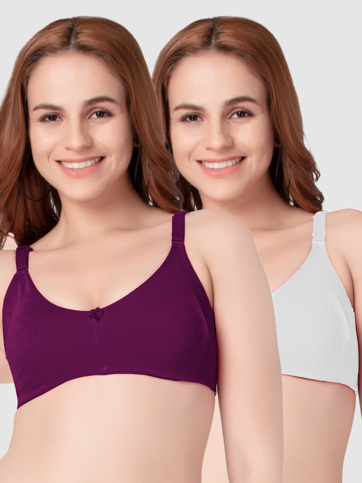 Daisy Dee White and Wine Non Padded Non-Wired Full Coverage T-Shirt Bra Pack of 2 - NANYA-White/Wine