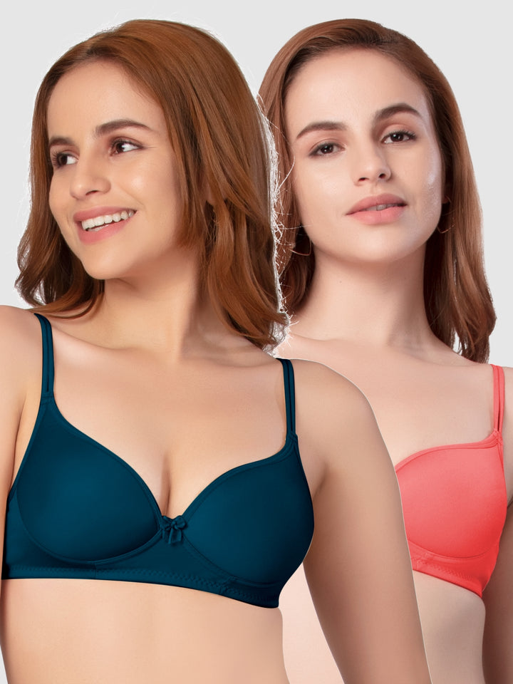 Daisy Dee Carrot and Electric Blue Padded Non-Wired Full Coverage Bra Pack of 2 - NKWI-Carrot/E.Blue