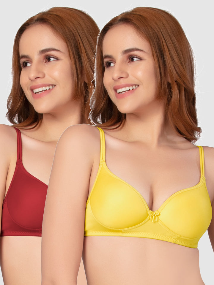 Daisy Dee Maroon and Yellow Padded Non-Wired Full Coverage Bra Pack of 2 - NKWI-Maroon/Yellow