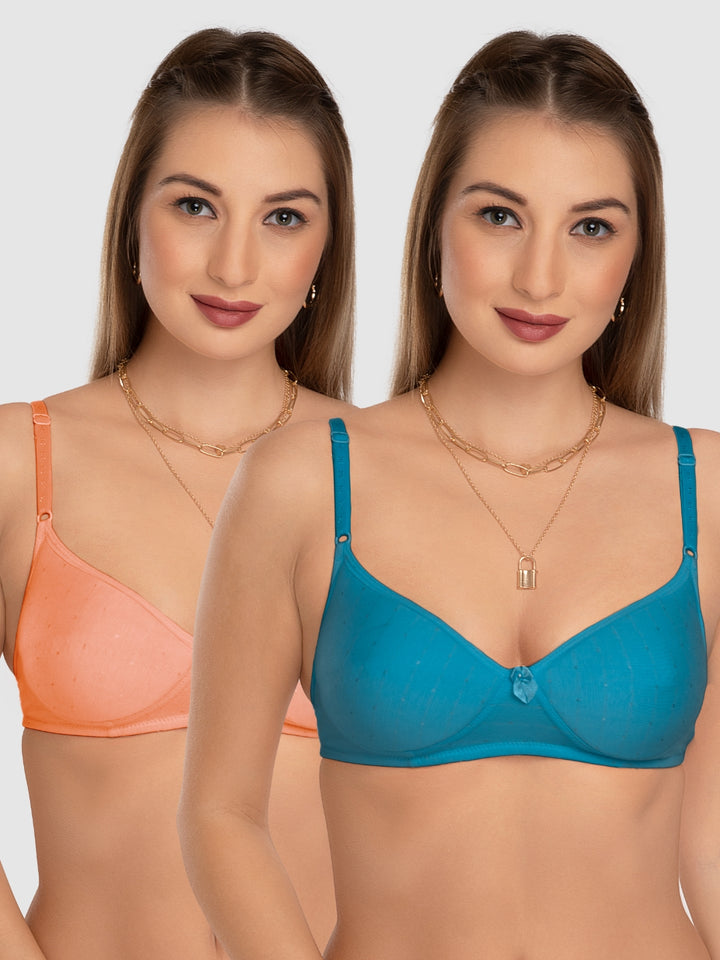 Daisy Dee Teal Blue and Peach Padded Non-Wired Full Coverage T-Shirt Bra Pack of 2 - NCHL-T.BLUE/PEACH