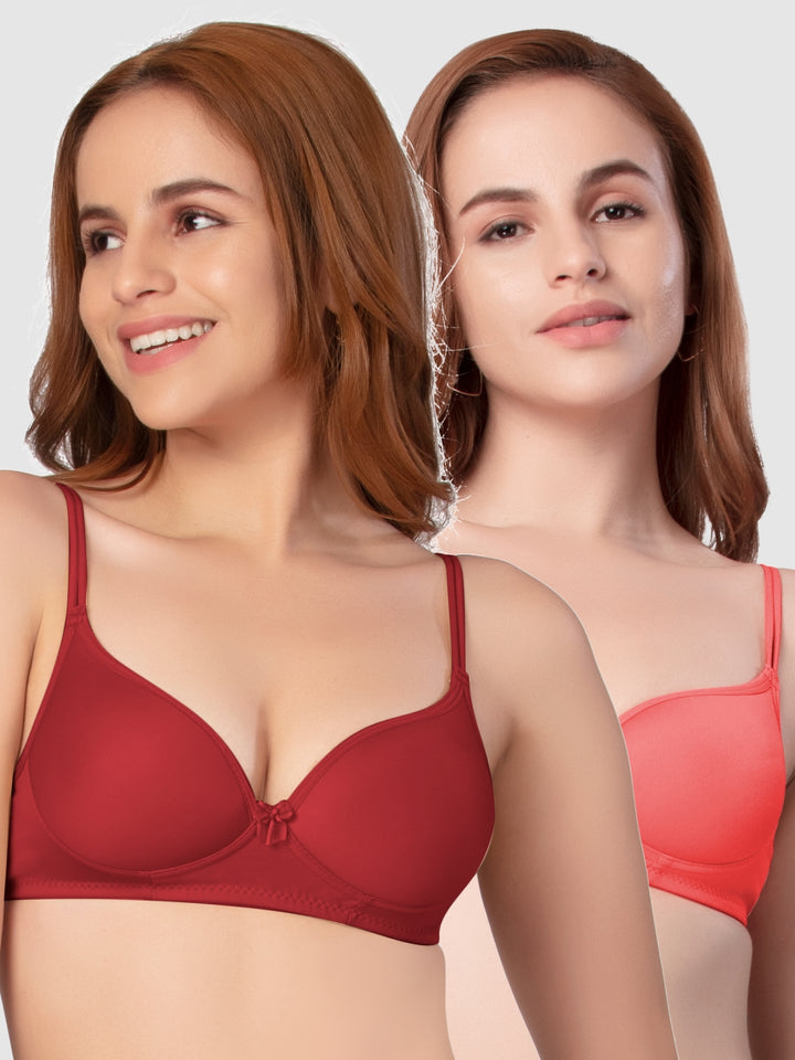 Daisy Dee Carrot and Maroon Padded Non-Wired Full Coverage Bra Pack of 2 - NKWI-Carrot/Maroon