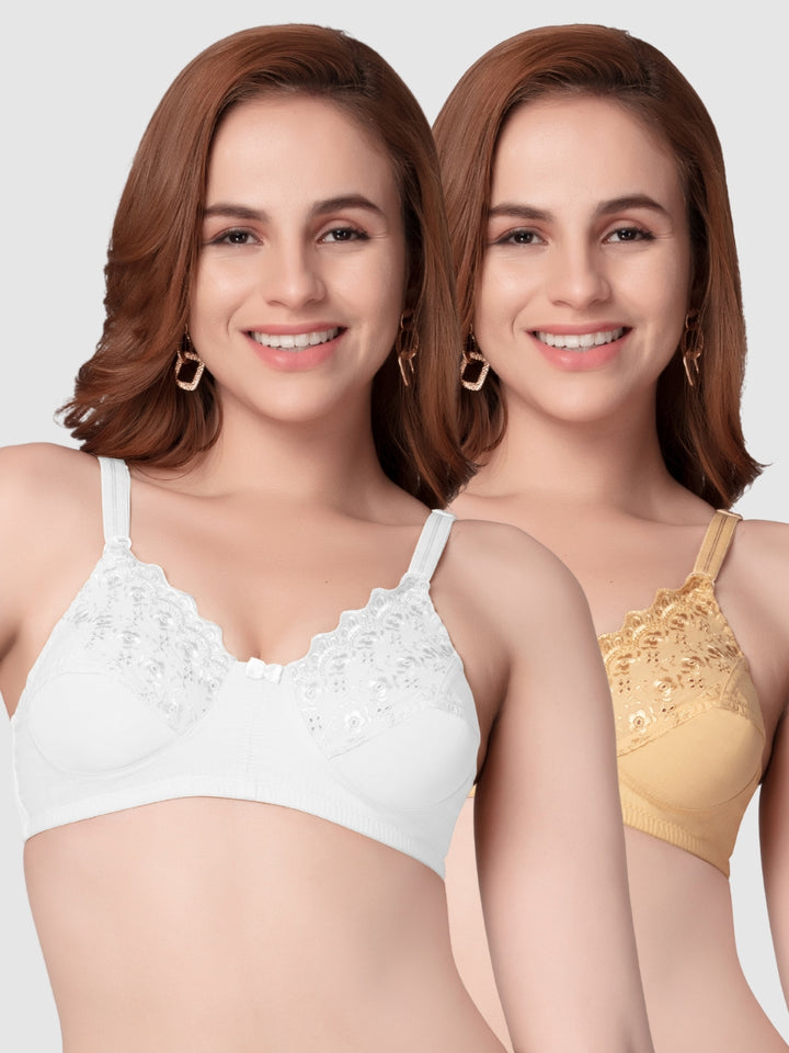 Daisy Dee White and Skin Non Padded Non-Wired Full Coverage Bra Pack of 2 - NGLREA-White/Skin