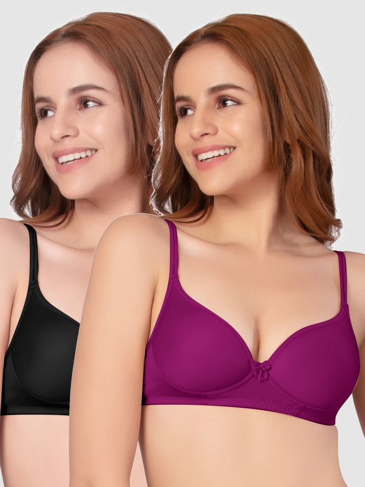 Daisy Dee Black and Magenta Padded Non-Wired Full Coverage Bra Pack of 2 - NKWI-Black/Magenta