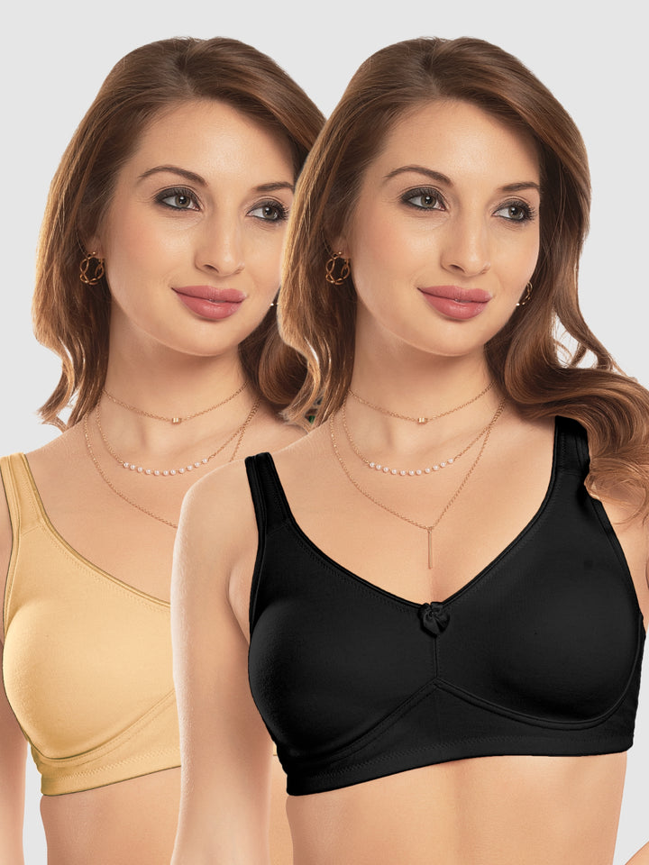 Daisy Dee Black and Skin Non Padded Non-Wired Full Coverage T-Shirt Bra Pack of 2 - NDLGHT-Black/Skin