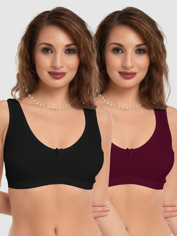 Daisy Dee Black and Maroon Non Padded Wirefree Full Coverage Sports Bra Pack of 2 - NLRA-BLACK/MAROON