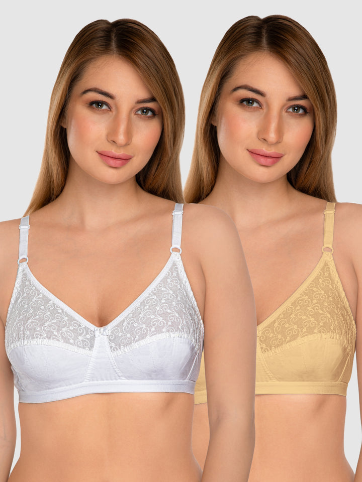 Daisy Dee White and Skin Non Padded Non-Wired Full Coverage Bra Pack of 2 - NILIGNCE-White/Skin