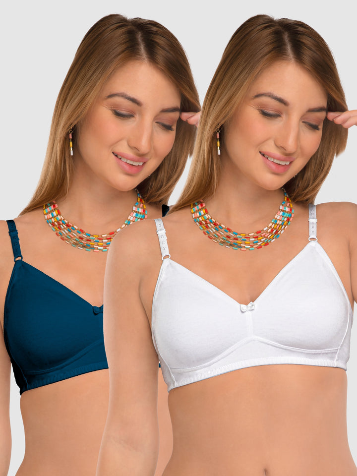 Daisy Dee E.Blue and White Non Padded Non-Wired Full Coverage T-Shirt Bra Pack of 2 - NDSZN-E.Blue/White