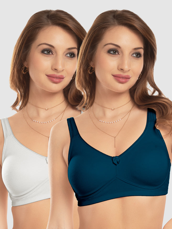 Daisy Dee E. Blue and White Non Padded Non-Wired Full Coverage T-Shirt Bra Pack of 2 - NDLGHT-E.Blue/White