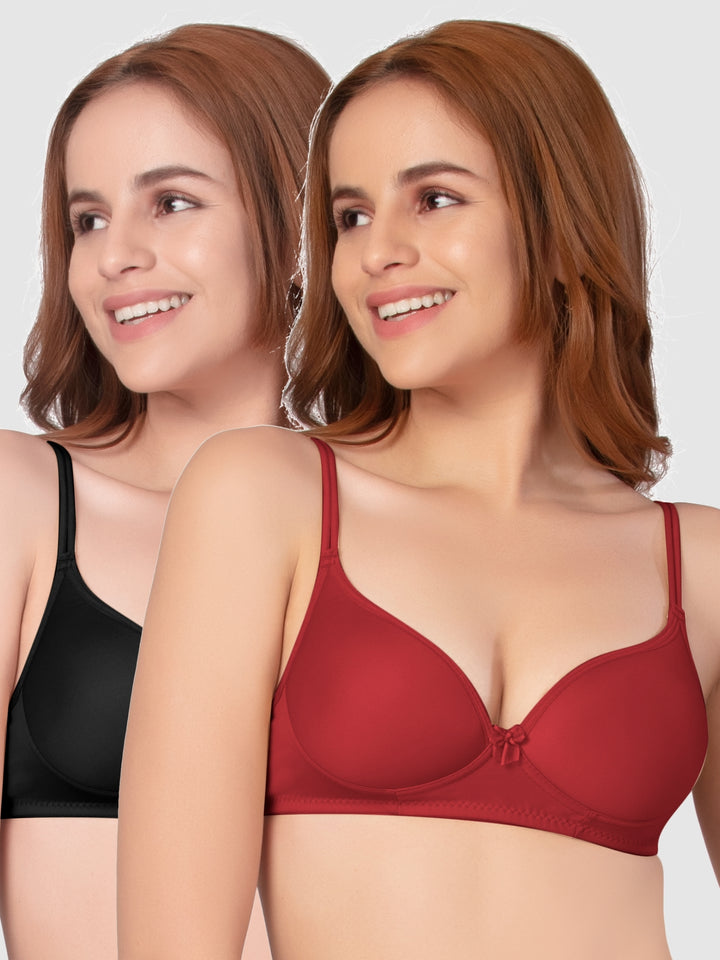Daisy Dee Black and Maroon Padded Non-Wired Full Coverage Bra Pack of 2 - NKWI-Black/Maroon