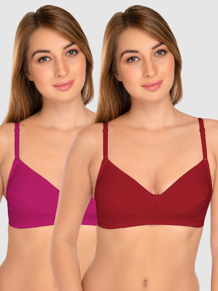 Daisy Dee Maroon and Rani Pink Non Padded Wirefree Full Coverage T-Shirt Bra Pack of 2 - NCLBR-MAROON/R.PINK