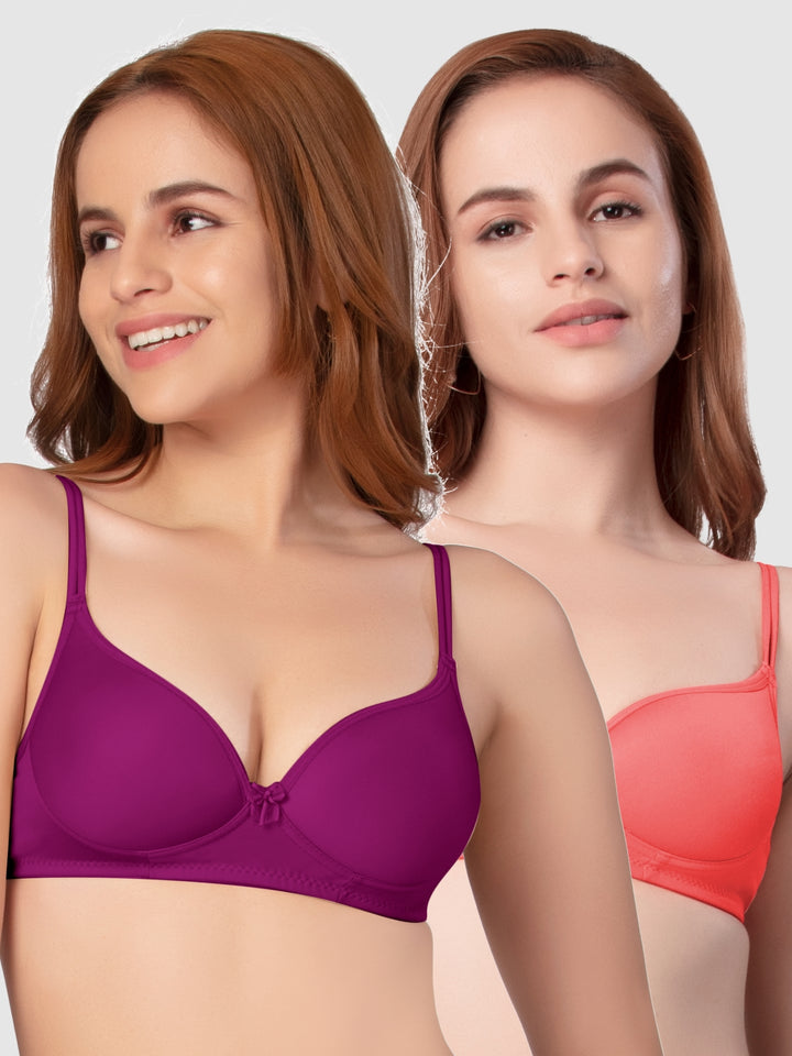 Daisy Dee Carrot and Magenta Padded Non-Wired Full Coverage Bra Pack of 2 - NKWI-Carrot/Magenta