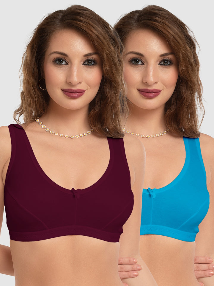 Daisy Dee Maroon and T.Blue Non Padded Wirefree Full Coverage Sports Bra Pack of 2 - NLRA-MAROON/T.BLUE