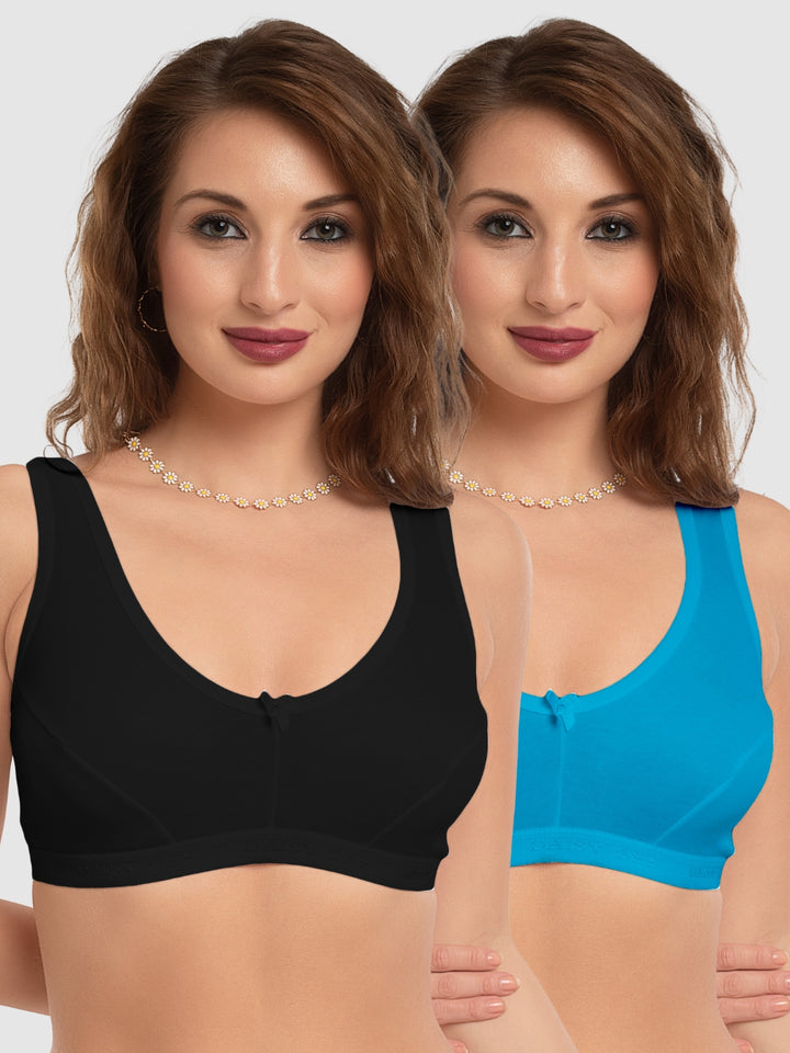 Daisy Dee Black and T.Blue Non Padded Wirefree Full Coverage Sports Bra Pack of 2 - NLRA-BLACK/T.BLUE