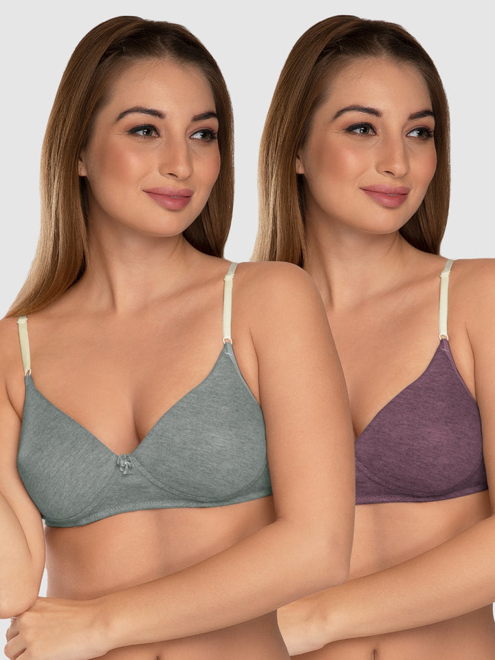 Daisy Dee Light Grey and Wine Padded Non-Wired Full Coverage Bra Pack of 2 - NJZZ-L.GREY/WINE