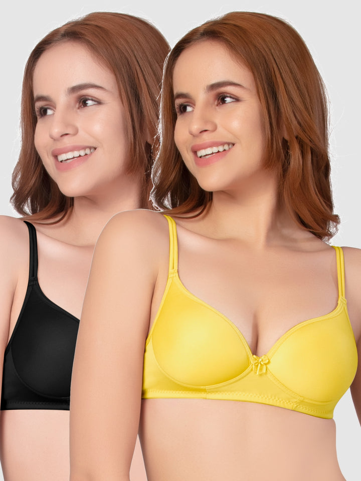Daisy Dee Black and Yellow Padded Non-Wired Full Coverage Bra Pack of 2 - NKWI-Black/Yellow