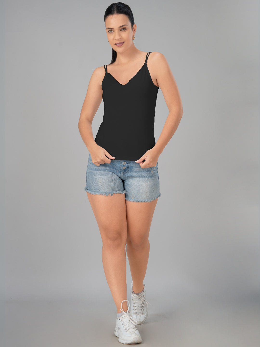 Women Cotton Blend Black Solid Casual Camisole Cam-02-Black