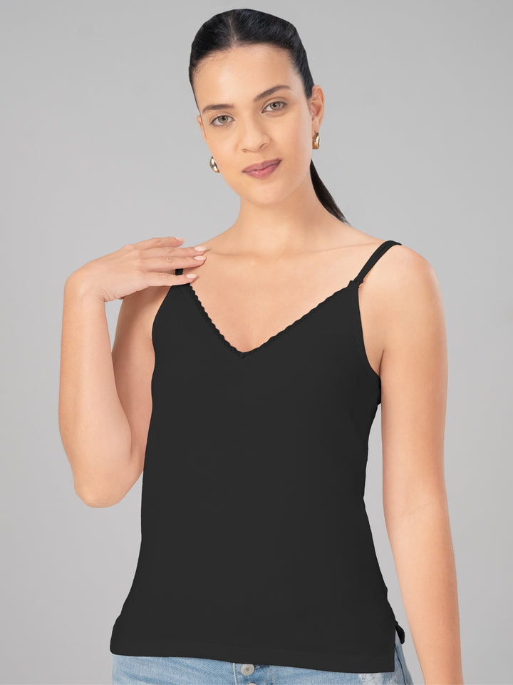 Women Cotton Blend Black Solid Casual Camisole Cam-02-Black