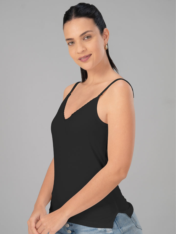 Women Cotton Blend Black Solid Casual Camisole Cam-02-Black
