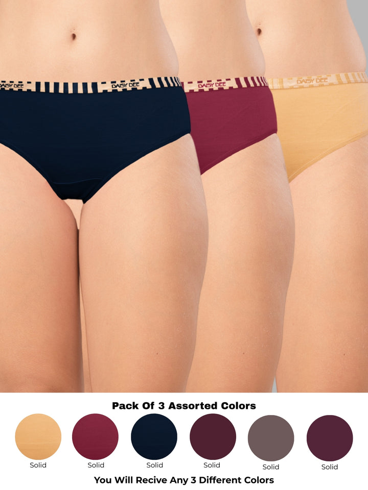 Daisy Dee Women Multicolor Solid Assorted Hipster Panty (Pack of 3) - AMBER - Side View | Lovable India