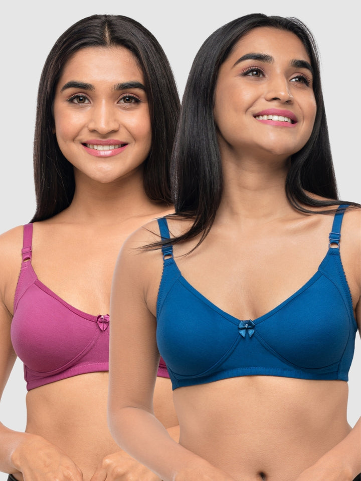 Lovable Multicolor Non Padded Non Wired Full Coverage Bra - (Pack of 2) Contours- Ink Blue/O.Pink